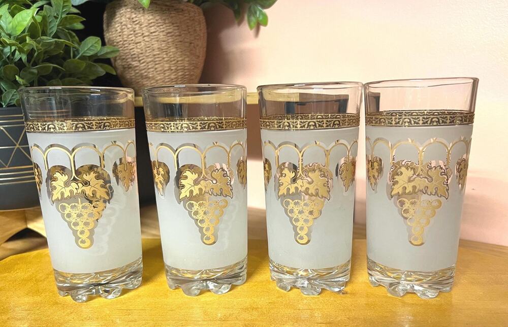 Vintage Cerve Italy Gold Grape Highball Glasses - Set of 4